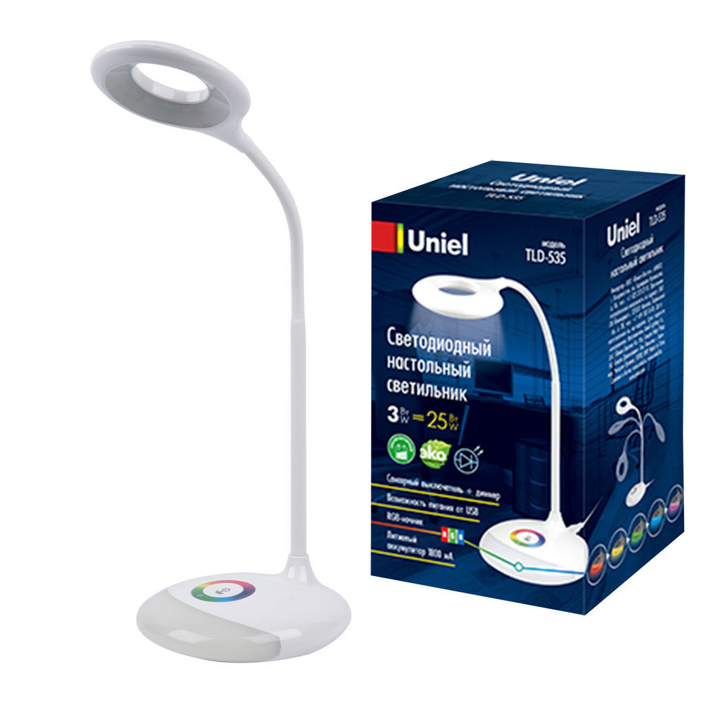 TLD-535 White/LED/250Lm/5500K/Dimmer Светильник настольный с ночником RGB, 4W. Встроенный аккумулятор 1800mAh. Сенсорный выключатель. Белый. TM Uniel.
