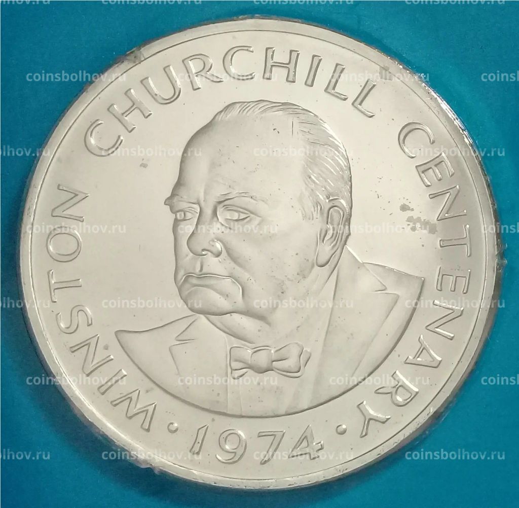 Монета 20 крон 1974 года Теркс и Кайкос 100 лет со дня рождения Уинстона Черчилля (в блистере)