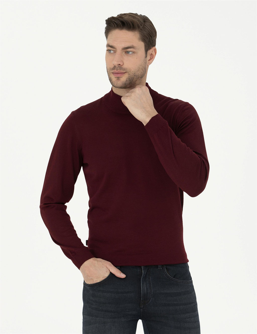 K_rm_z_ Slim Fit Yar_m Bal_k__ Yaka Y_n Kar___ml_ Basic Triko Kazak