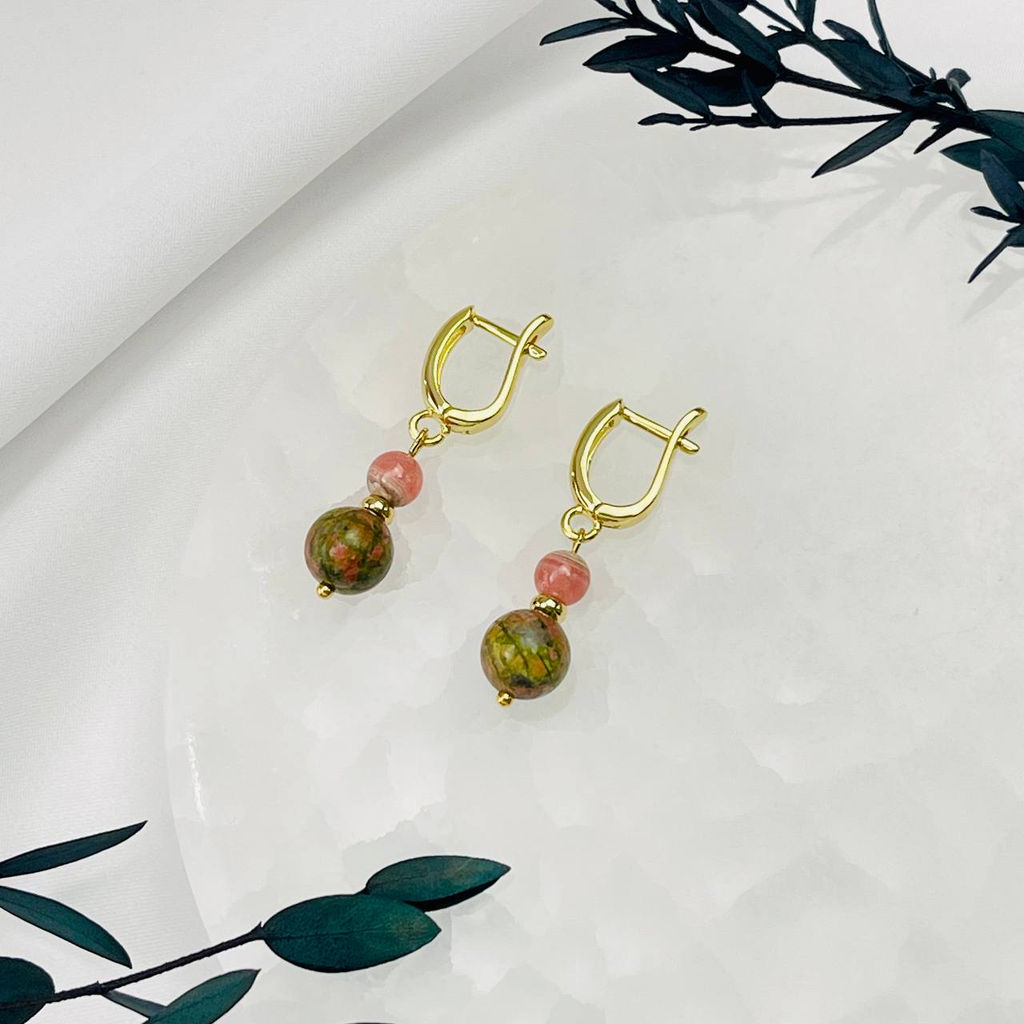 Серьги двойные из Унакита и Родохрозита
