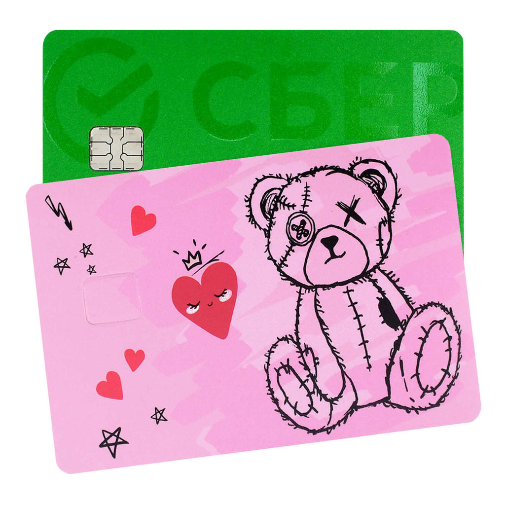 Наклейки на банковскую карту, арт. 71701 / 200 МИШКА ТЕДДИ (2 шт. в наборе, материал наклеек: ПВХ; цвет: розовый; декор: полноцветная печать; индивидуальная упаковка: подложка с европодвесом из мелованного картона + ПЭТ-пакет)