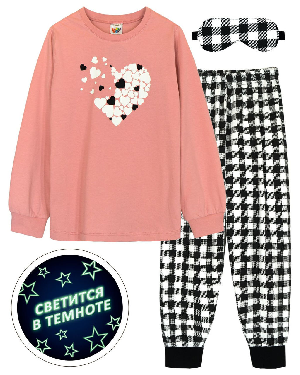 Пижама для девочки 91232 пыльная роза/черная клетка 870 Lets go - Let's go фото 2