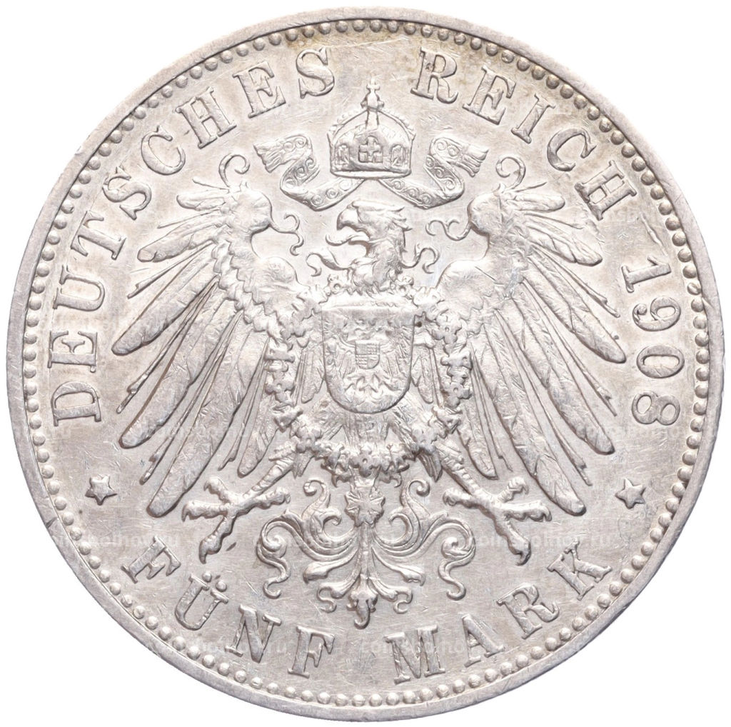 Монета 5 марок 1908 года F Германия (Вюртемберг)