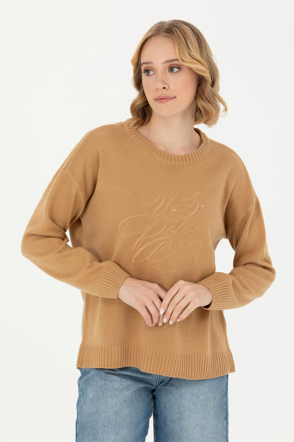 Женский свитер песочного цвета с круглым вырезом - U.s. polo assn фото 11