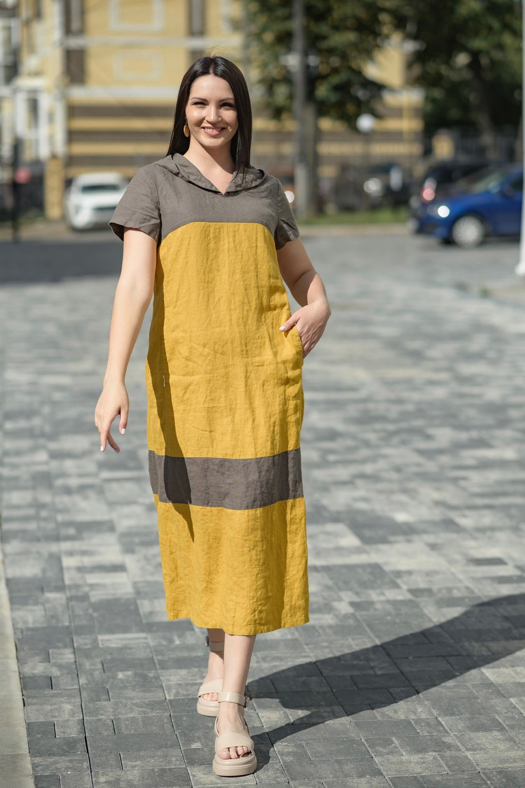 Платье 100% лен с капюшоном