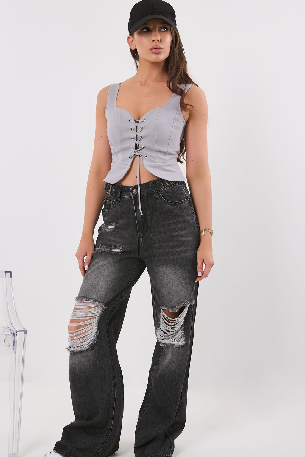 Топ из джинсовой ткани светло-серый