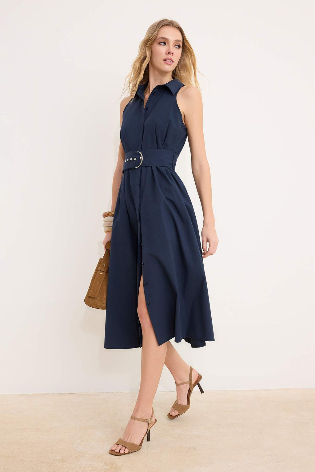 Lacivert Duz Kemer Detayl? Dokuma Gomlek Elbise TWOSS26EL00128