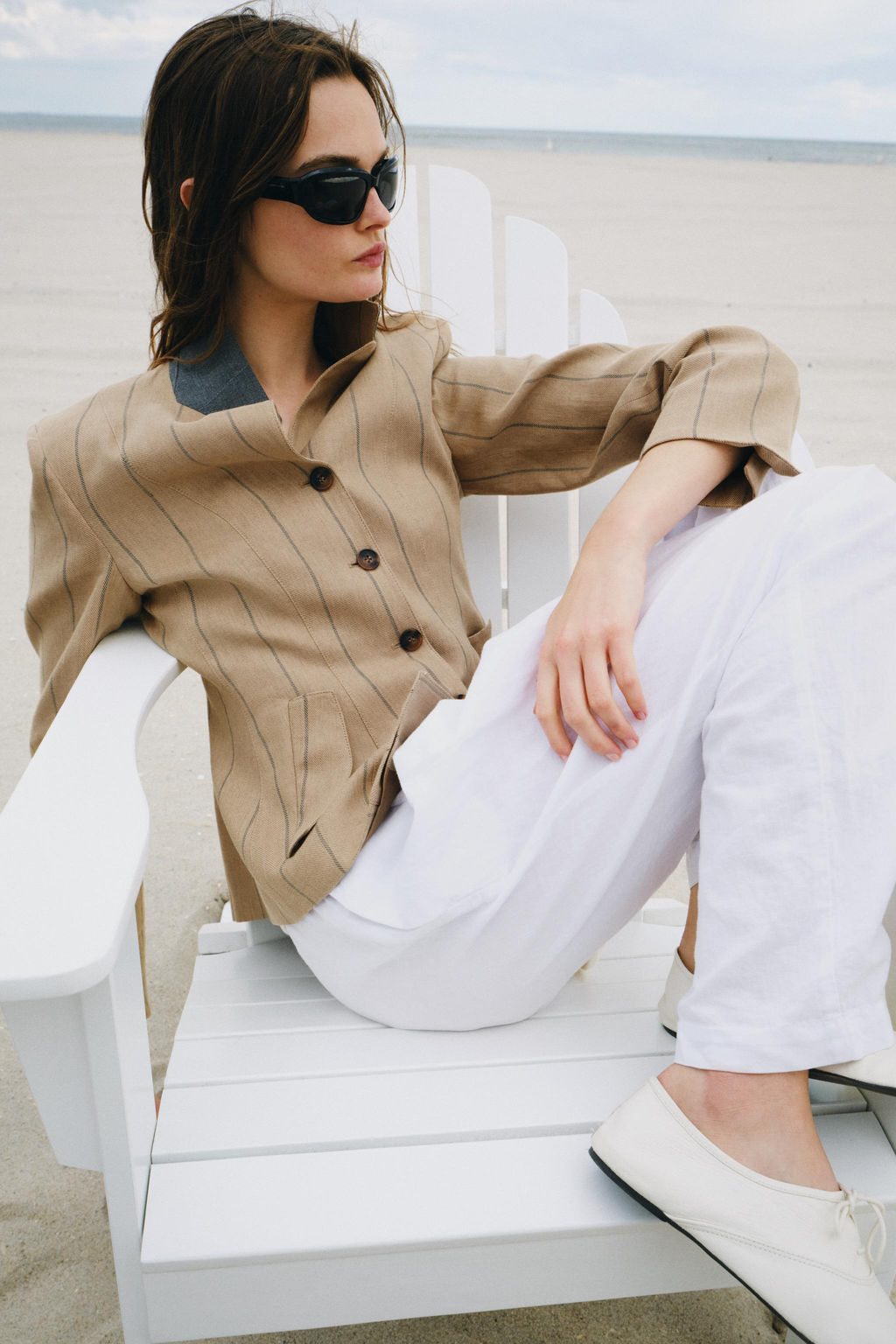 BLAZER RAYAS COMBINADA CON LINO ZW COLLECTION / Camel medio - Zara фото 6