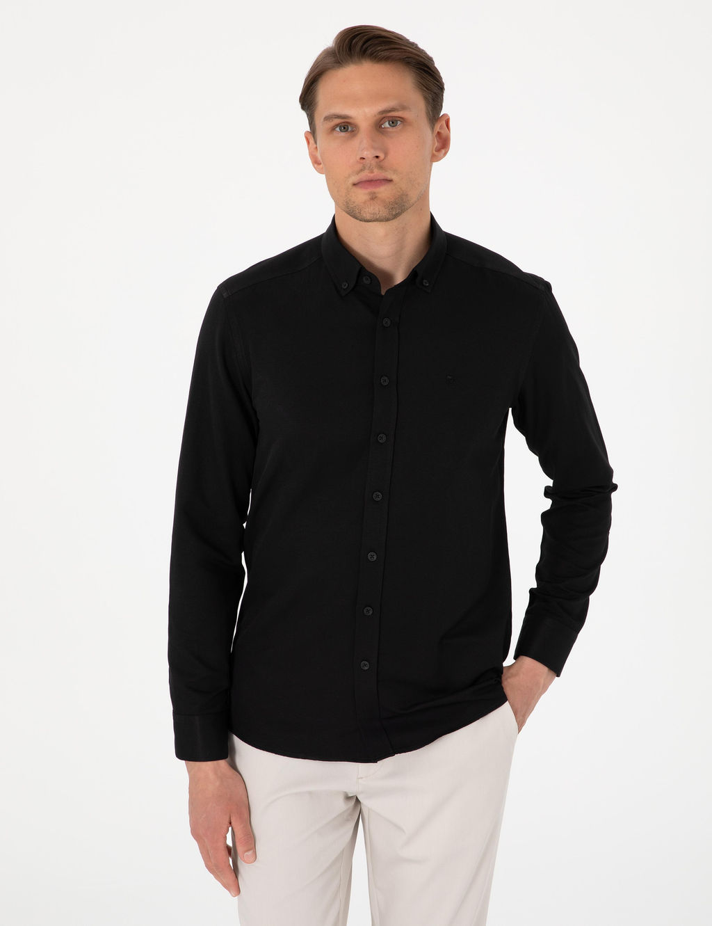 Siyah Oxford Slim Fit Kolay _t_lenebilir G_mlek