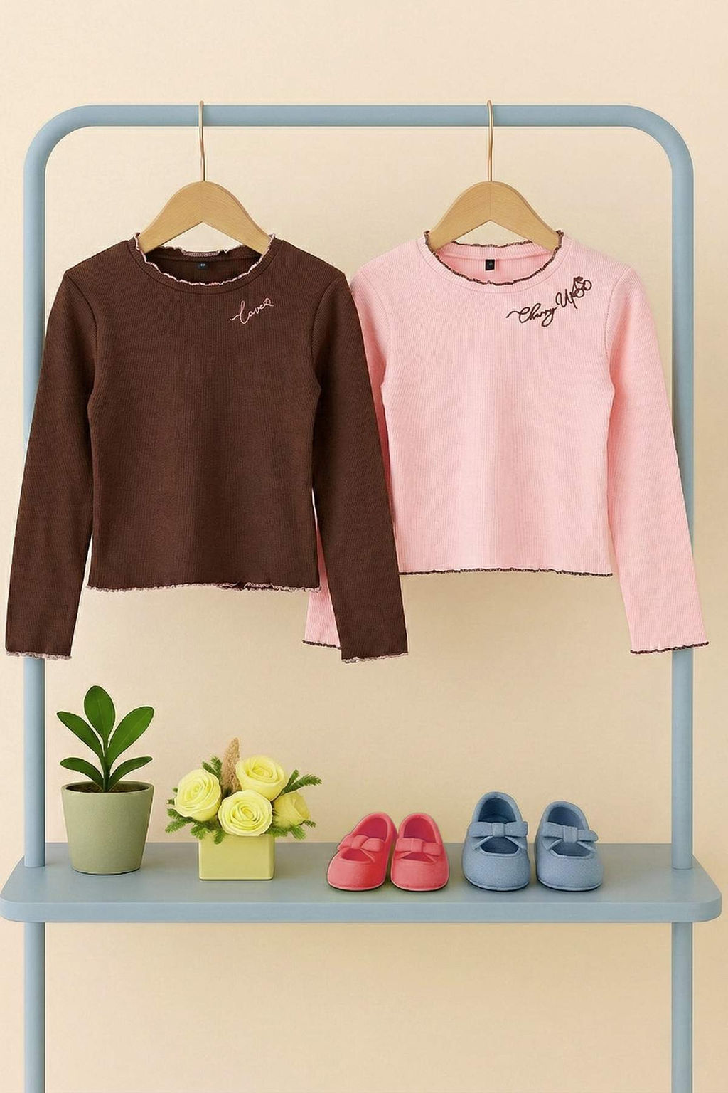 Ekru-Visne K?rm?z? 100% Pamuk 2li Nak?sl? Regular Fitilli Orme K?z Cocuk T-Shirt TKDAW26TS00011 - Trendyolmilla фото 9