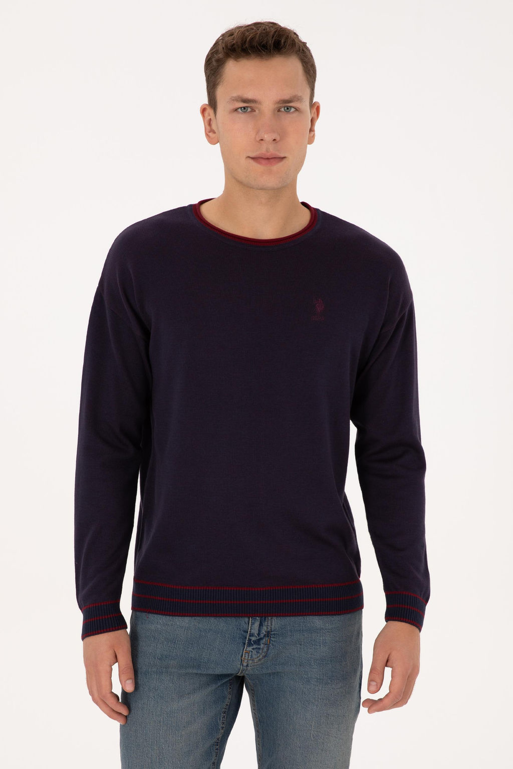 Erkek Comfort Fit Yaka Detayl_ Lacivert Kazak