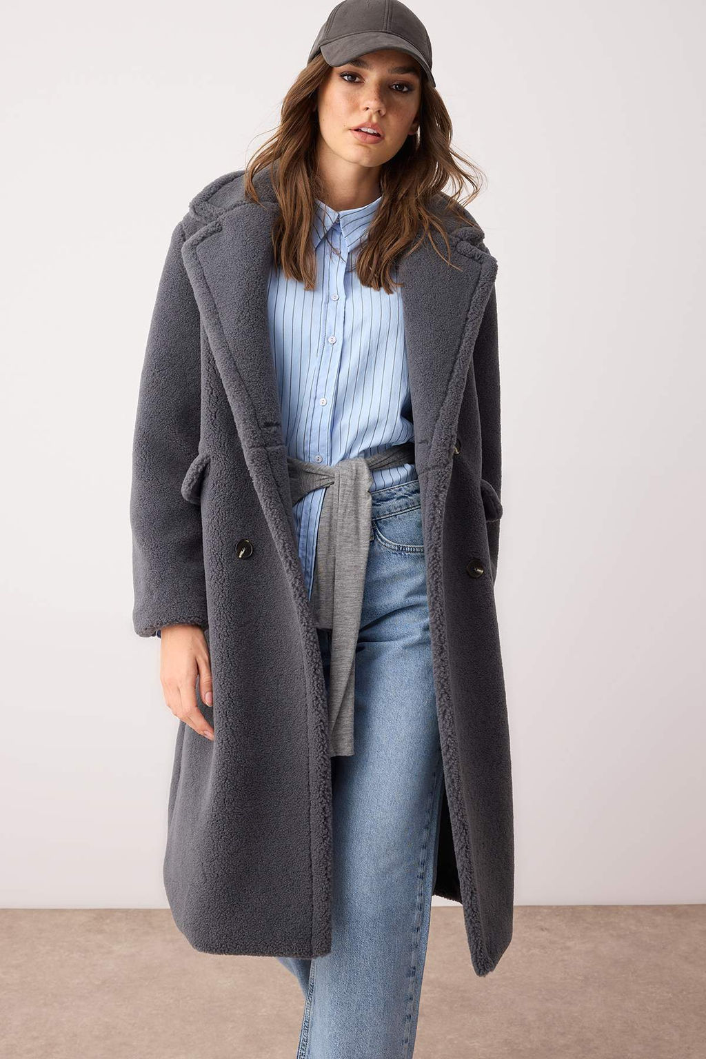 Antrasit Kurklu Kruvaze Regular Uzun Pelus Kaban TWOAW26KB00020 - Trendyolmilla фото 2