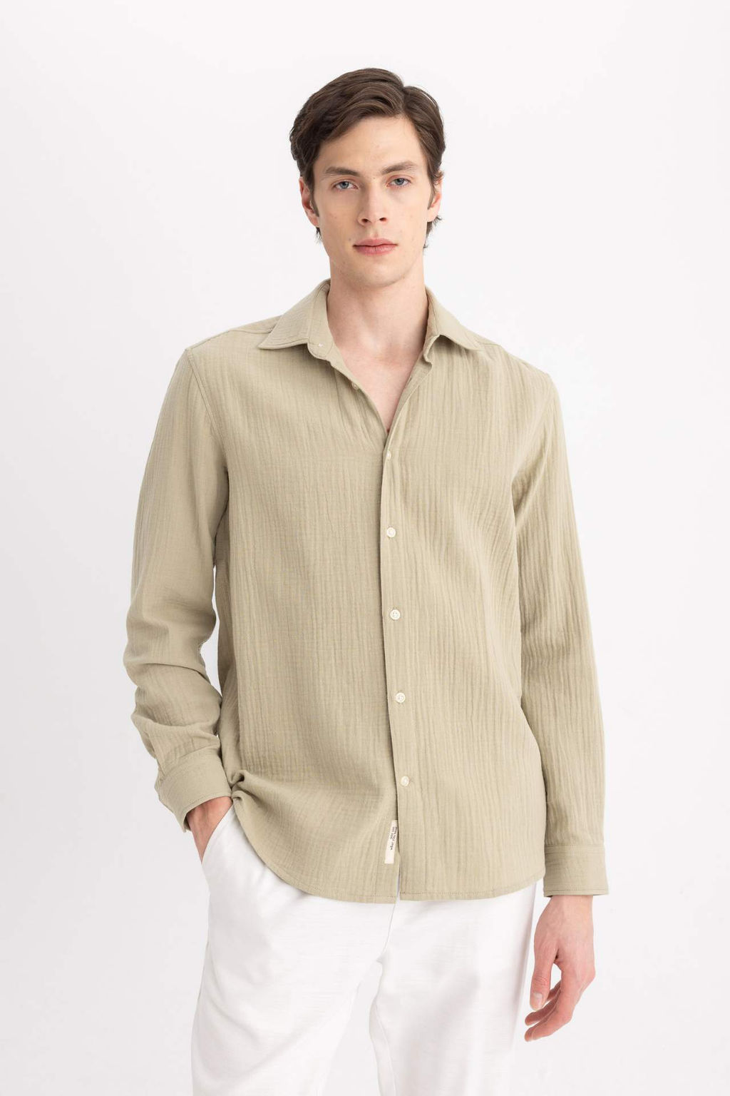 Regular Fit Polo Yaka Basic Duz Uzun Kollu Gomlek - Defacto фото 2