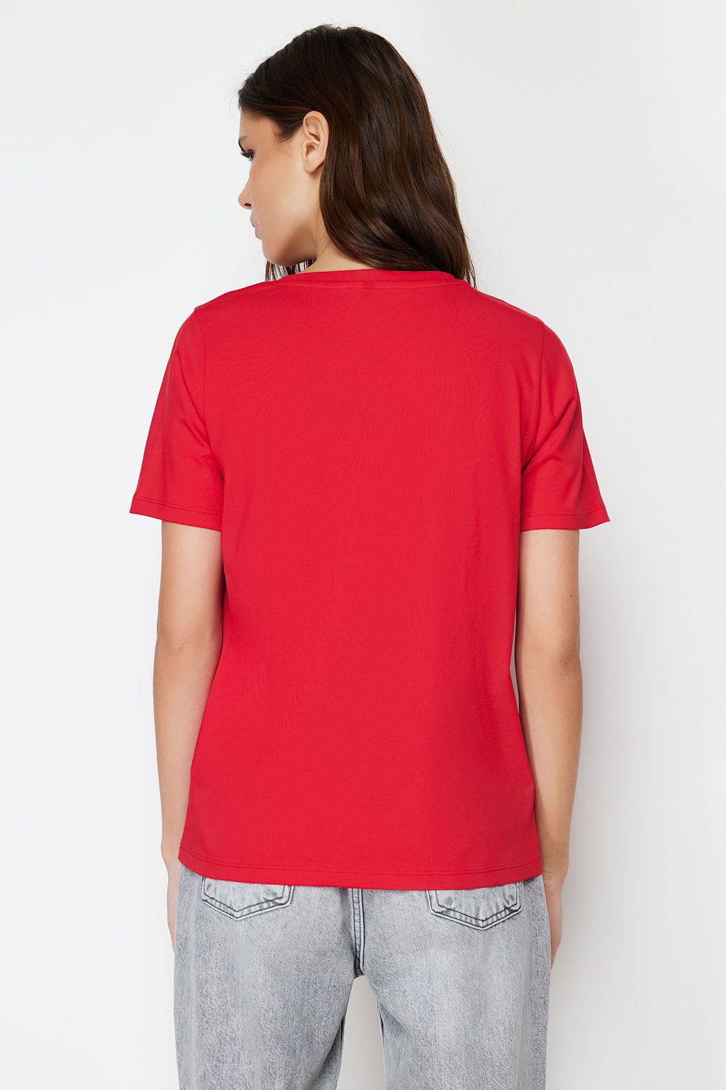 Siyah-K?rm?z? %100 Pamuk 2li Paket Basic V Yaka Orme T-Shirt TWOSS23TS00002