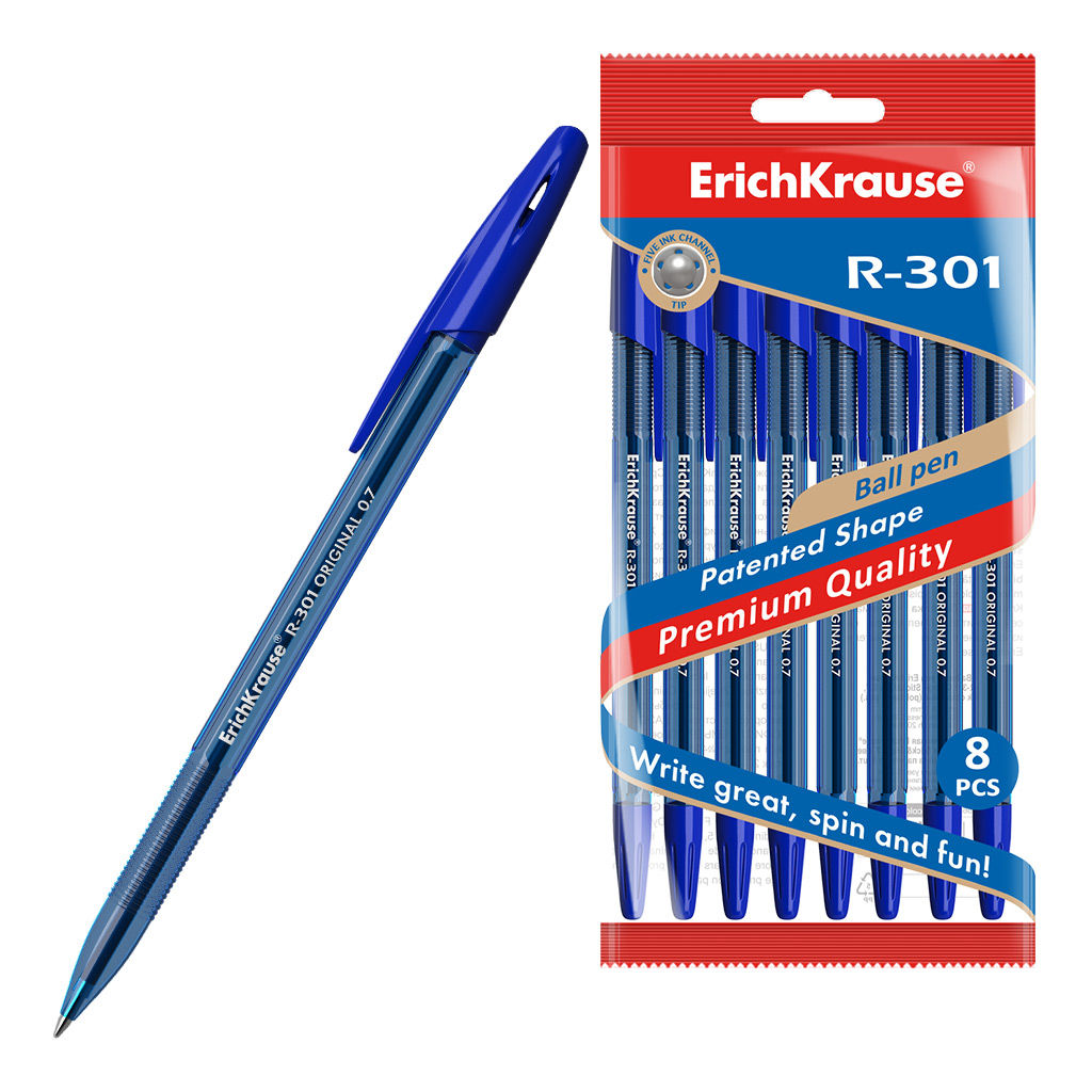 Цена за 24 шт. Набор из 8 ручек шариковых ErichKrause R-301 Stick Original 1.0, цвет чернил синий (в пакете)