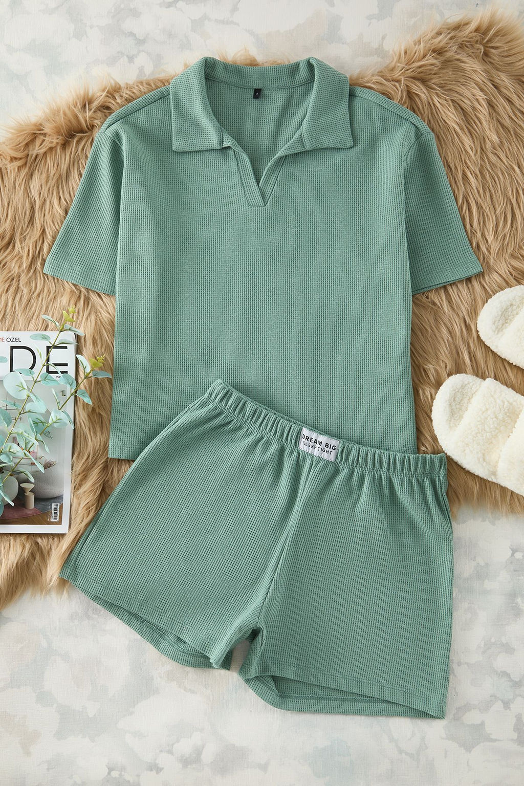 Trendyolmilla Antrasit Slogan Etiket Detayl? Waffle Kumas Sortlu Orme Pijama Tak?m? THMSS25PT00072  фото 13