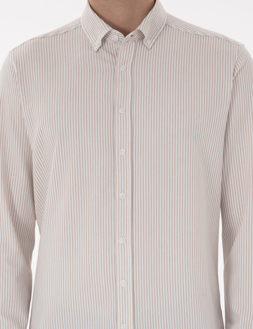 Bej Slim Fit _izgili Uzun Kollu G_mlek