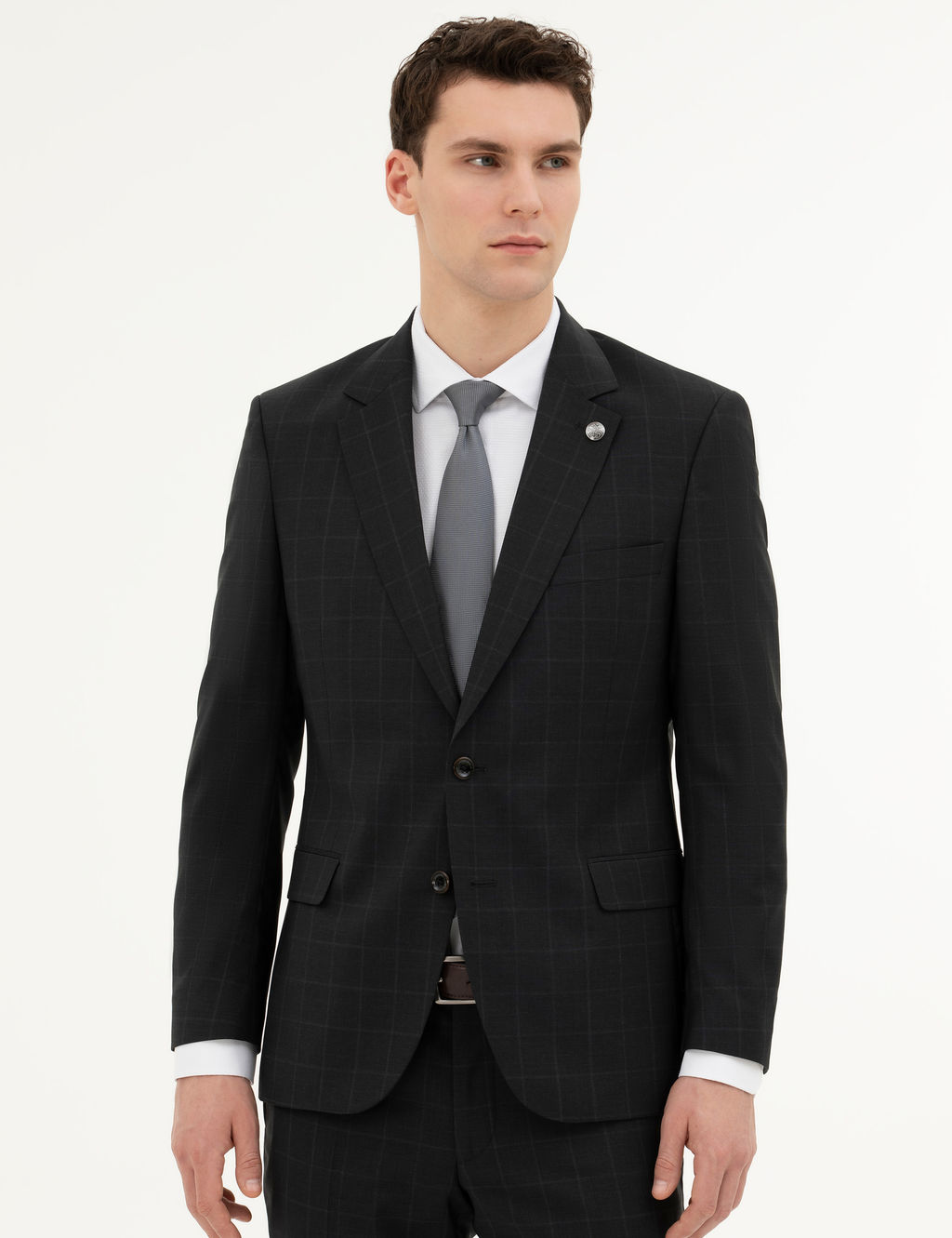 Siyah Slim Fit %100 Y_n Ekose Tak_m Elbise