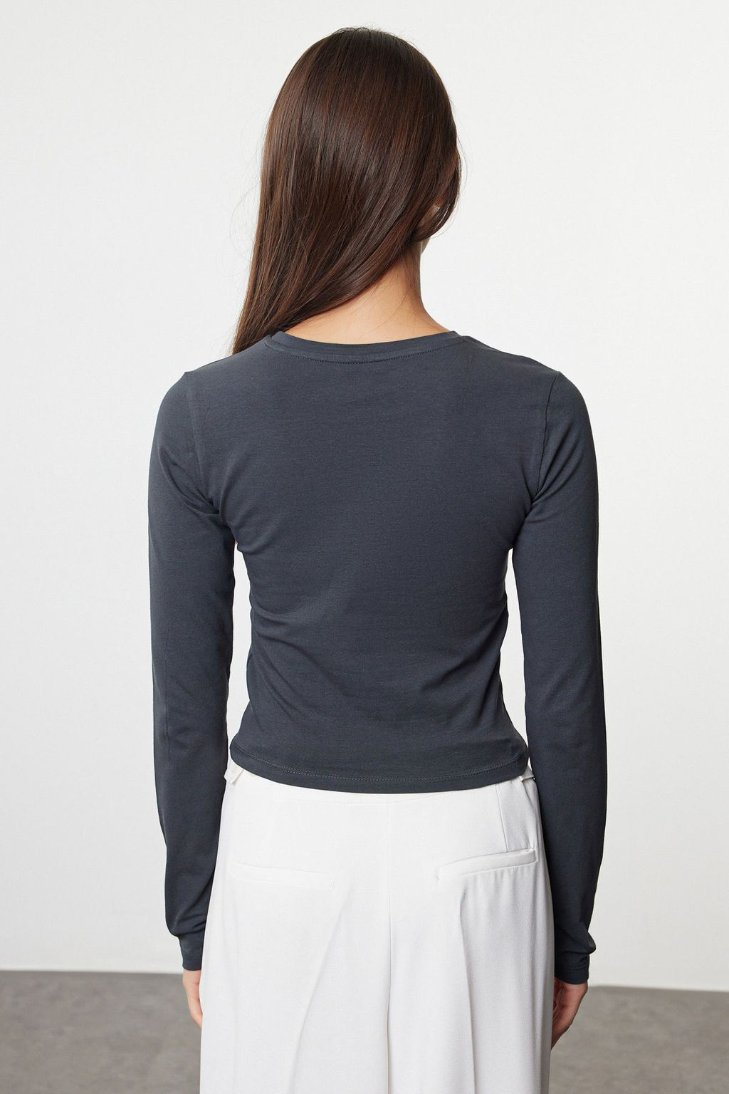 Antrasit Slogan Bask?l? Vucuda Oturan Crop Esnek Orme Bluz TWOAW25BZ00148