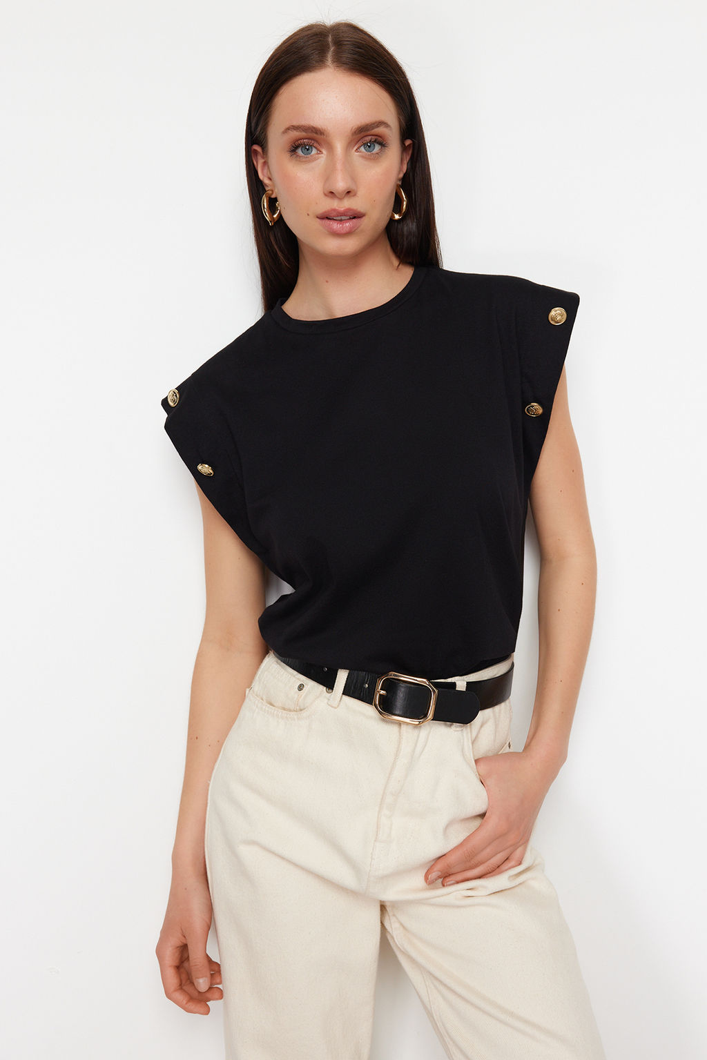 TRENDYOLMILLA Lacivert %100 Pamuk Dugme Detayl? Vatka Gorunumlu Basic Bisiklet Yaka Orme T-Shirt TWOSS23TS00016  фото 9