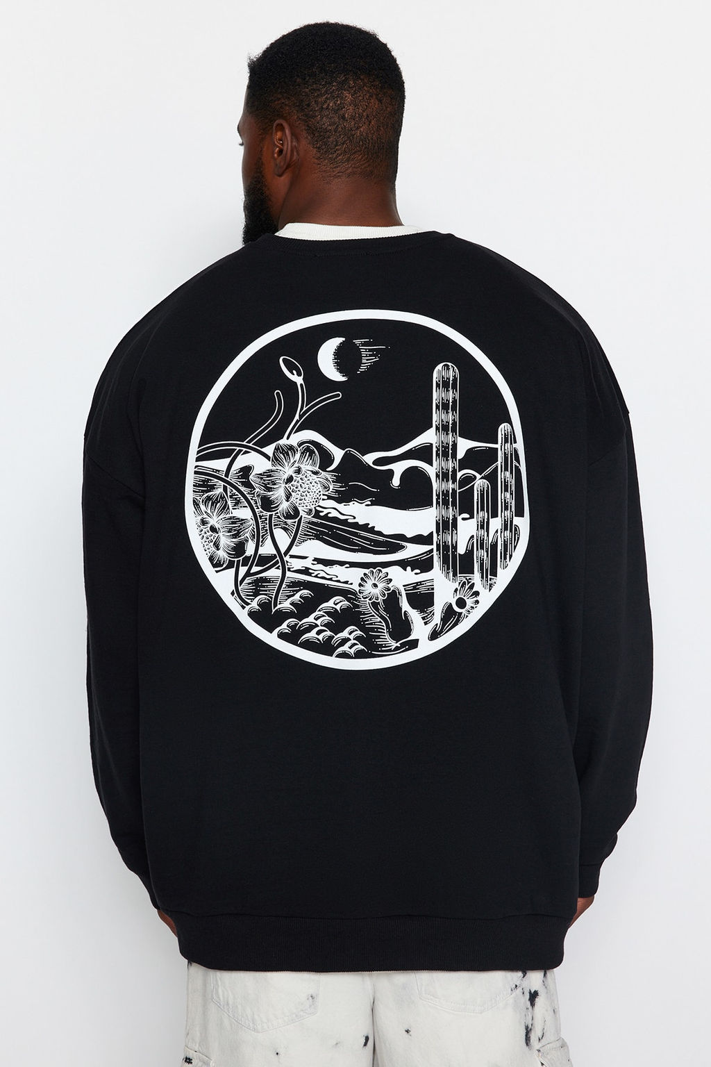 TRENDYOL MAN Siyah Buyuk Beden Bisiklet Yaka Oversize/Genis Kesim S?rt Bask? Ici Polar Sweatshirt TMNAW24AO00004 - Trendyolmilla фото 5