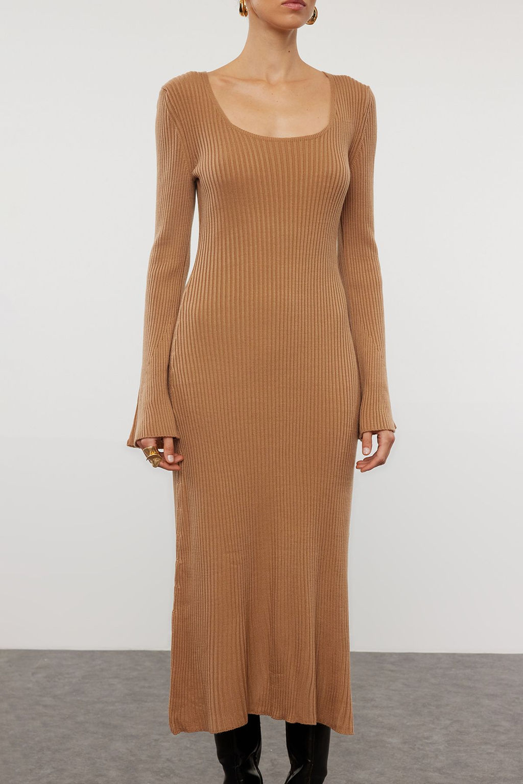TRENDYOLMILLA Haki Midi Triko Basic Kol Ucu Detayl? Elbise TWOAW24EL00117  фото 3