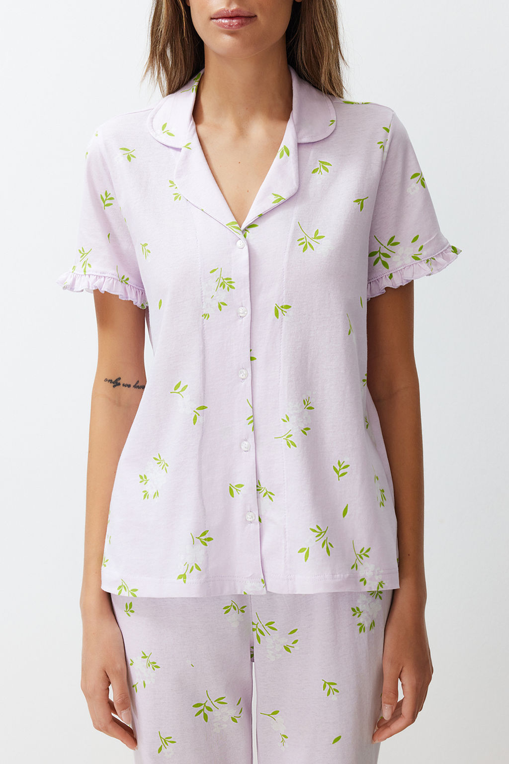 Trendyolmilla Mint %100 Pamuklu Cicekli F?rf?rl? Orme Pijama Tak?m? THMSS24PT00227  фото 4