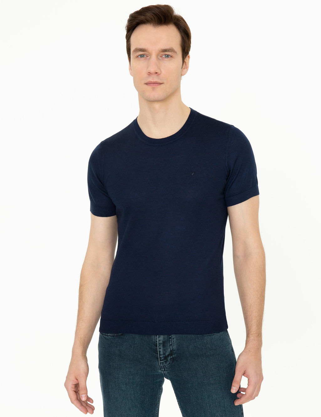 Темно-синяя приталенная трикотажная футболка с круглым вырезом - Cacharel фото 3