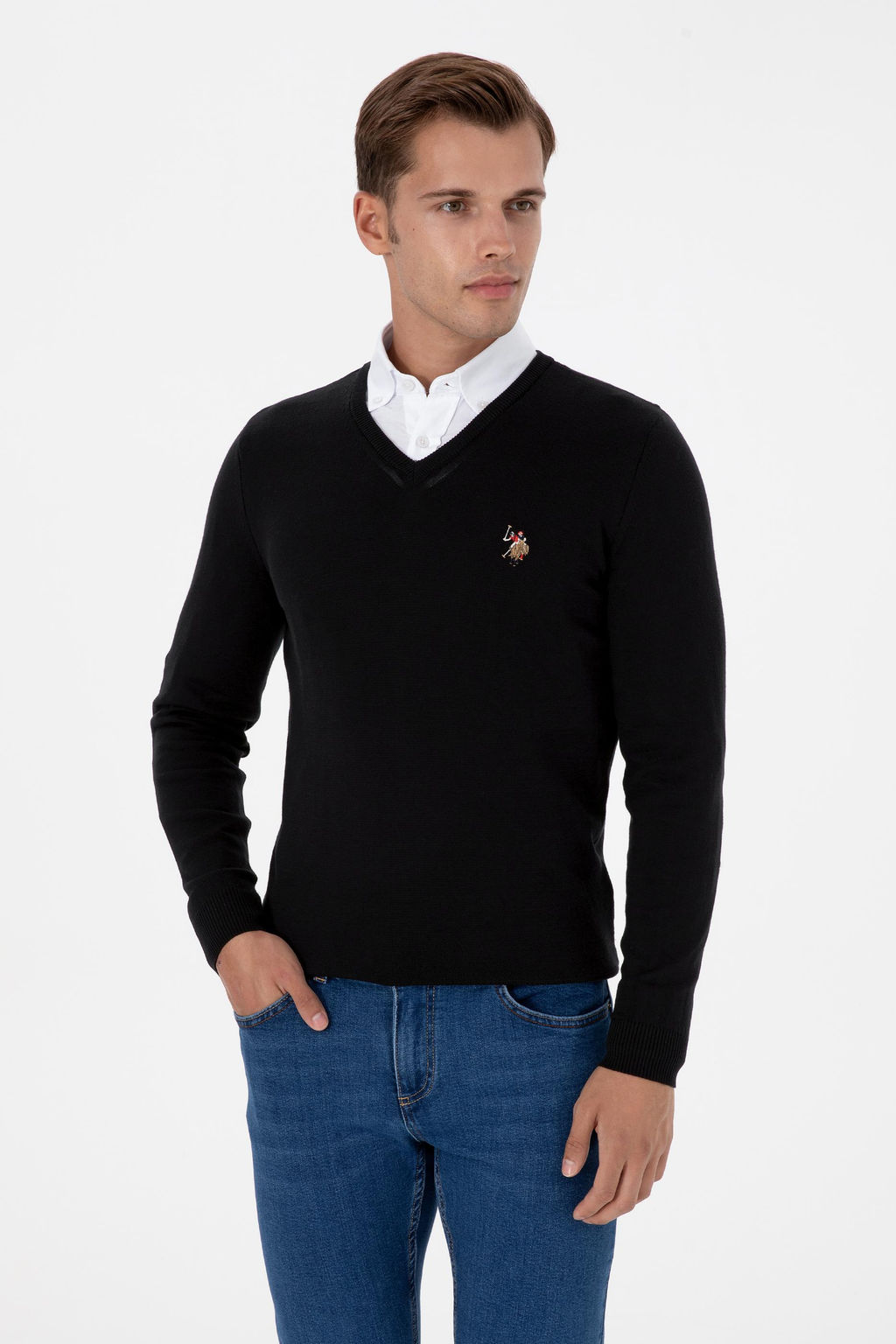 Erkek Slim Fit V Yaka Siyah Basic Kazak