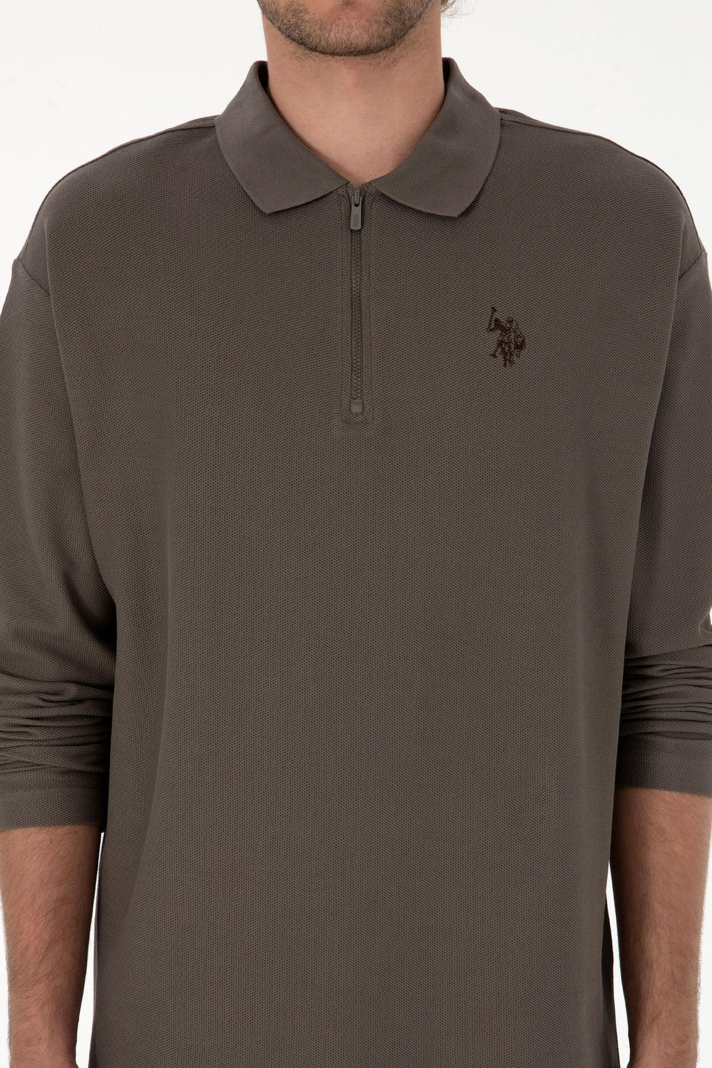 Erkek Comfort Fit Yar_m Fermuarl_ Vizon Sweatshirt