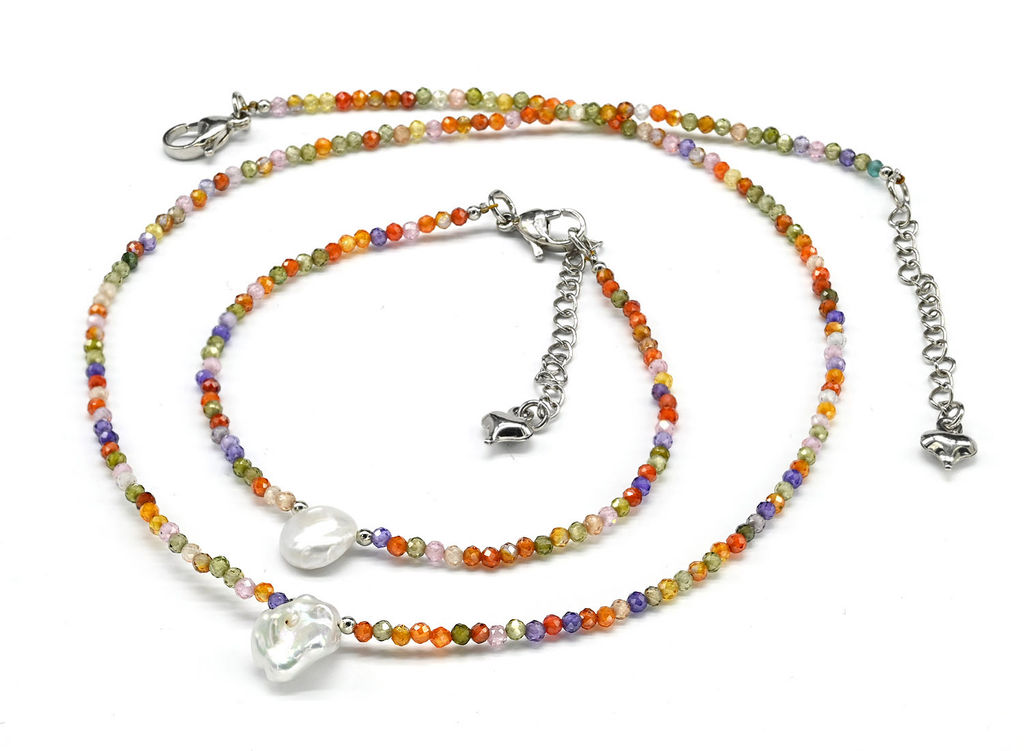 Чокер и браслет из фианитов с жемчугом Барокко шарик 2мм цвет микс, 39см, 18см