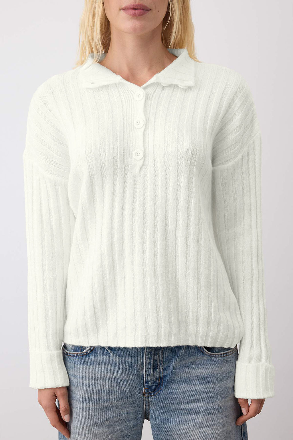 Ekru Genis Kal?p Yumusak Dokulu Dik Yaka Triko Kazak TWOAW21KZ0783