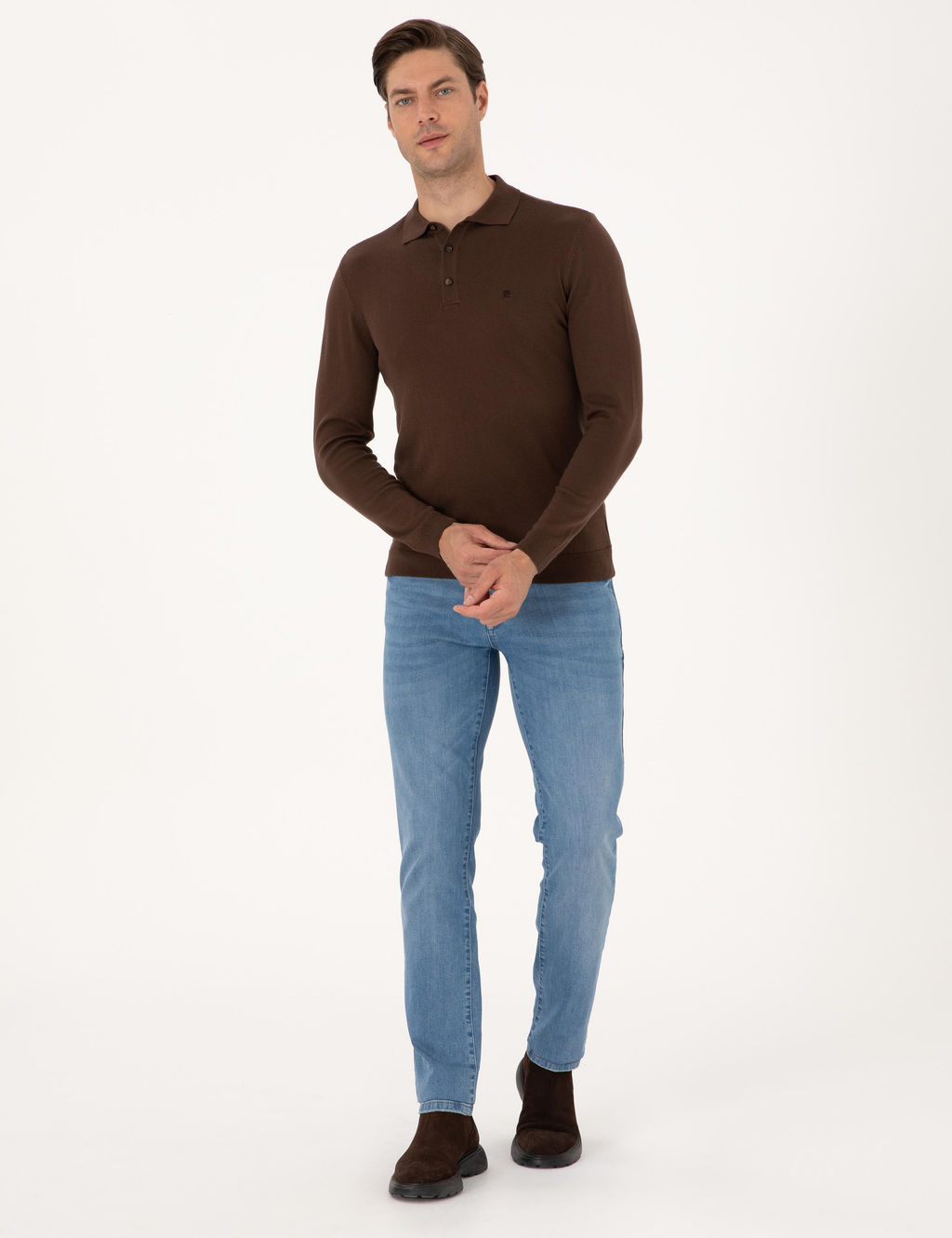 Kahverengi Slim Fit Polo Yaka Basic Triko Kazak - Pierre cardin фото 4