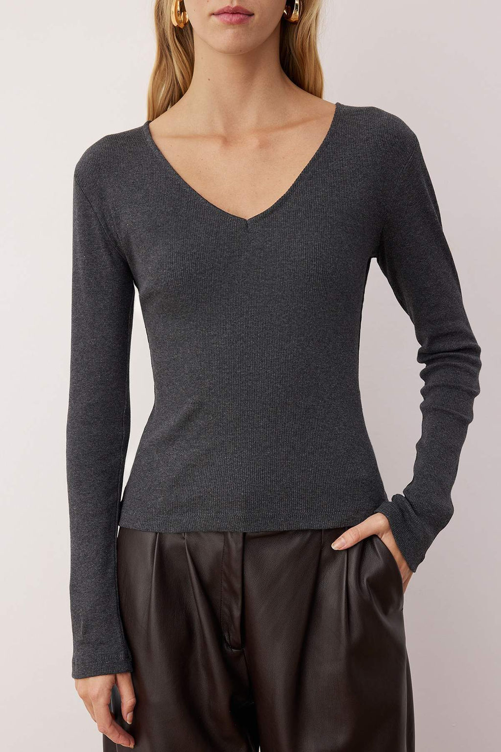Antrasit Melanj Fitted/Vucuda Oturan V yaka F?rcal? Esnek Orme Bluz TWOAW26BZ00158 - Trendyolmilla фото 4