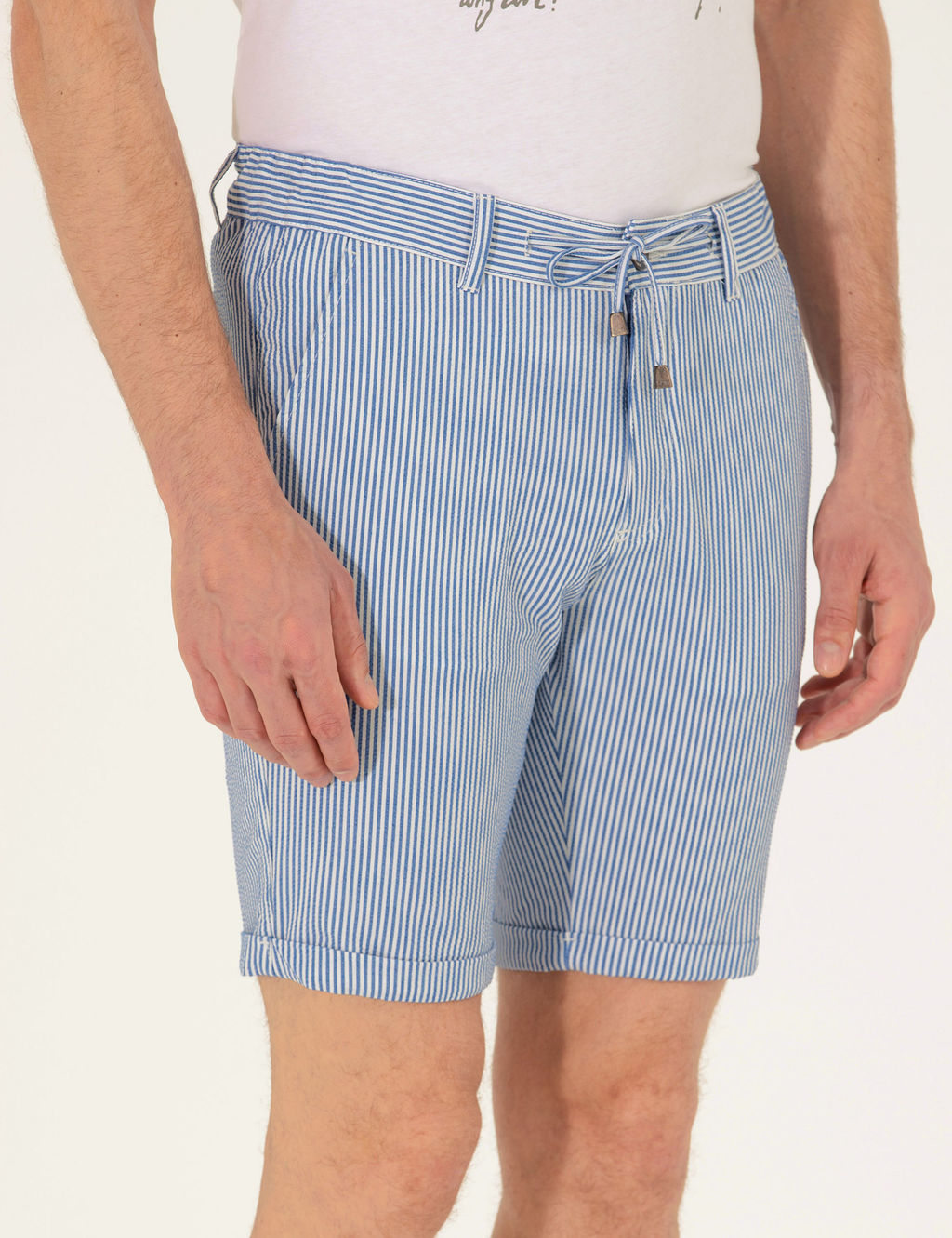 Koyu Mavi Slim Fit Beli Lastikli _izgili Ba_c_kl_ Bermuda _ort