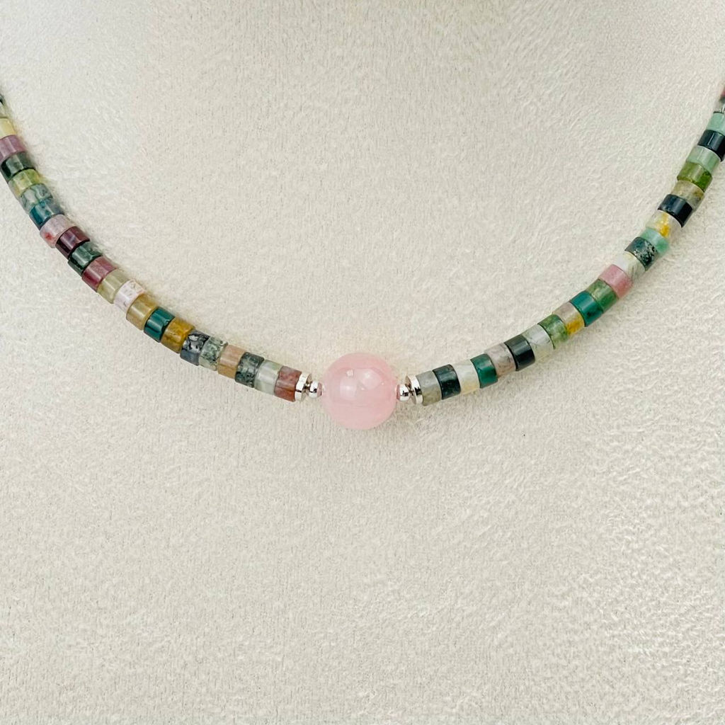 Чокер из Мохового агата и Розового кварца