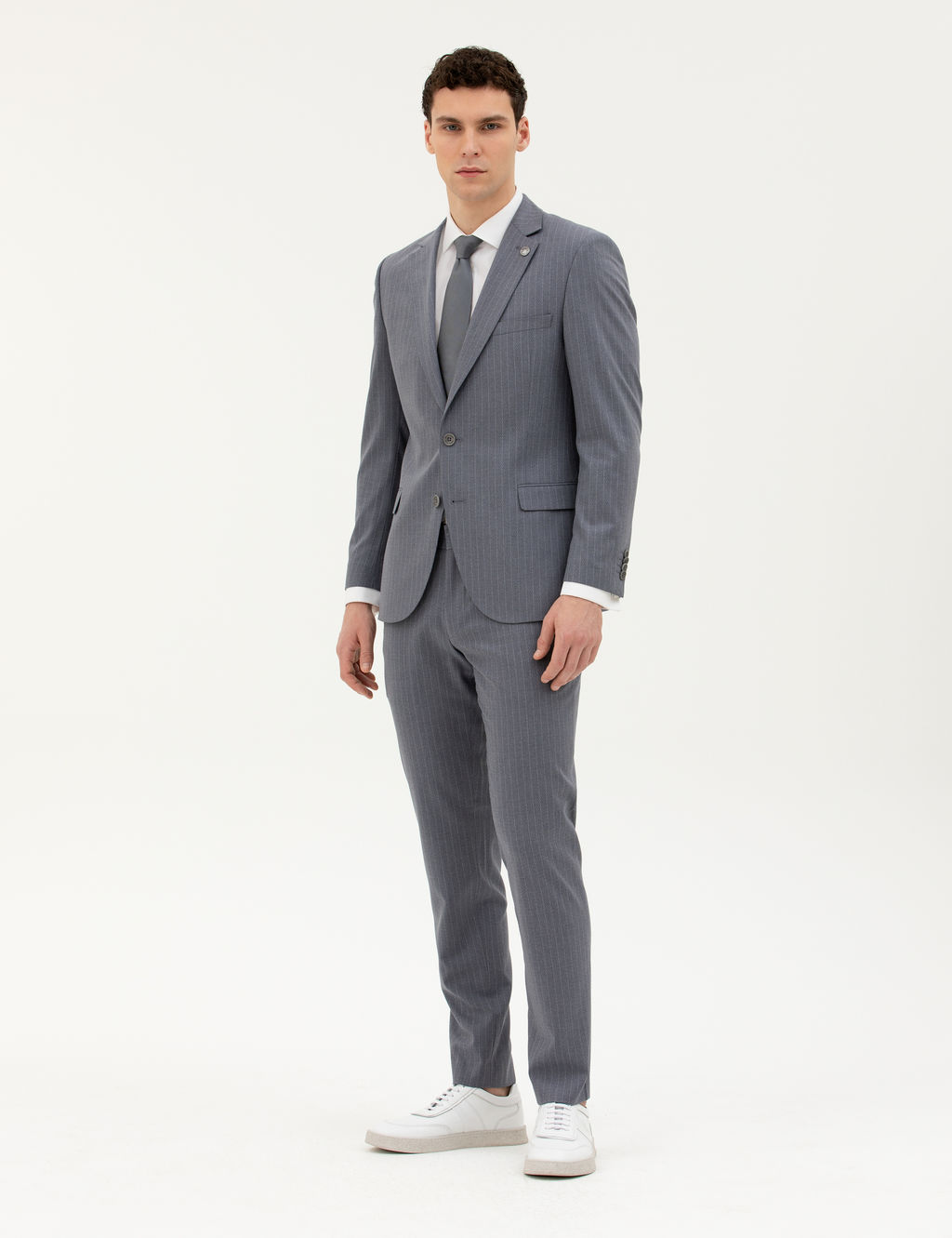 Koyu Mavi Extra Slim Fit _izgili Tak_m Elbise