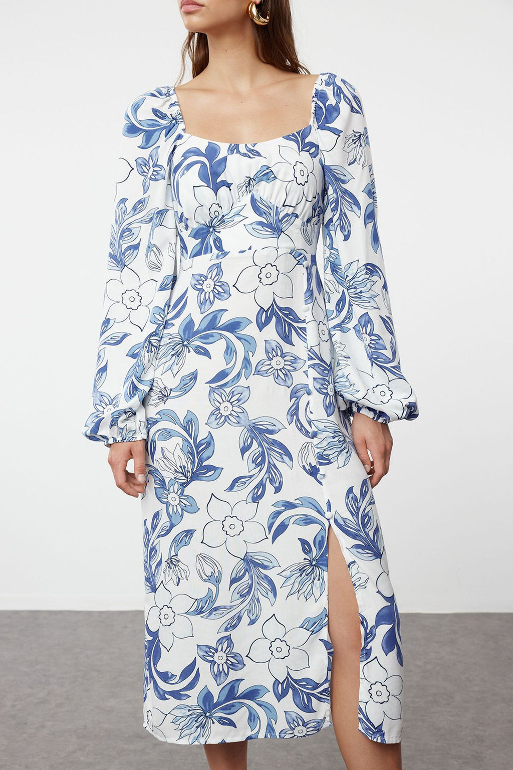 Mavi Soyut Mavi Cicek Desenli Midi Dokuma Elbise TWOAW24EL00865