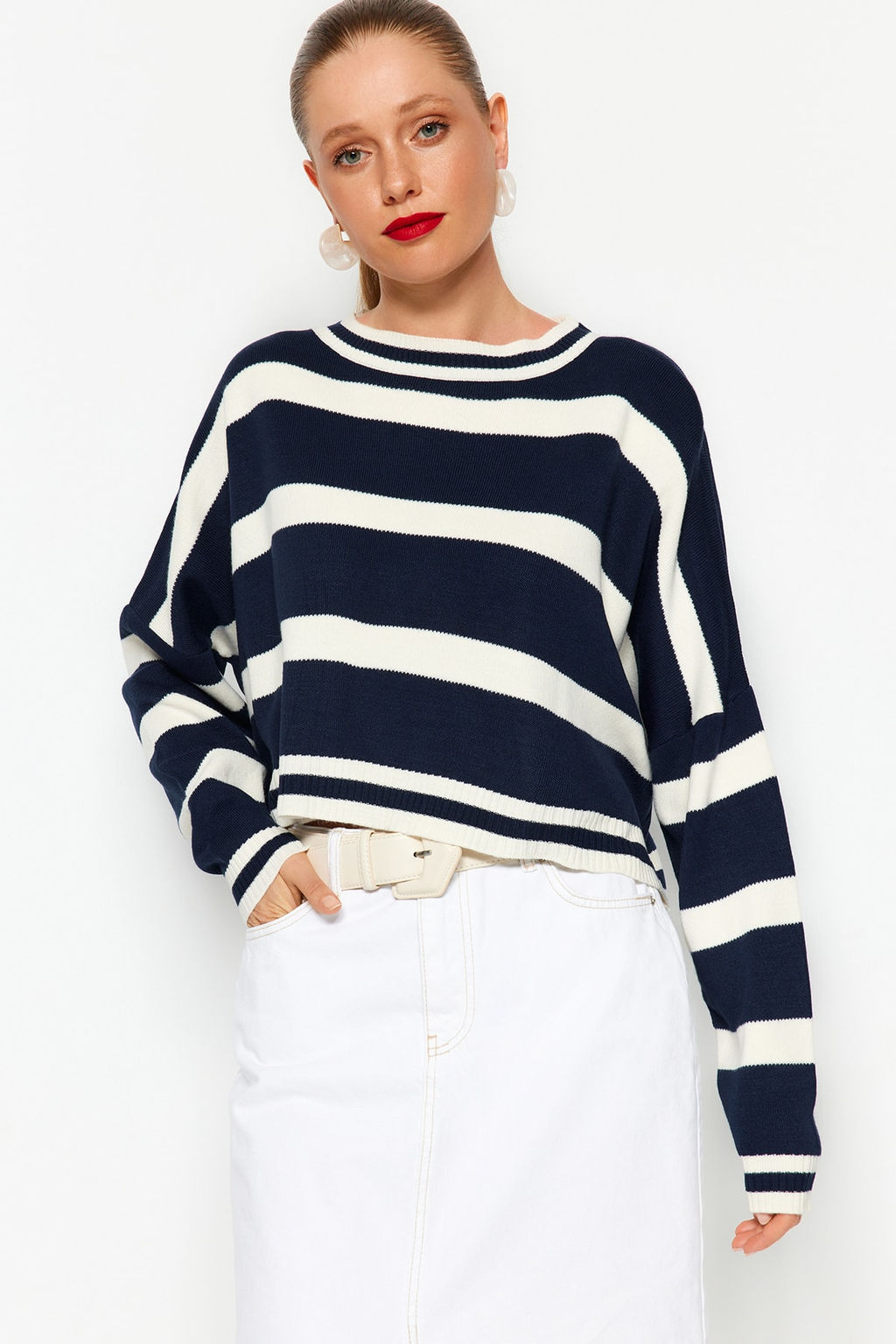 Lacivert Crop Cizgili Triko Kazak TWOAW23KZ00205