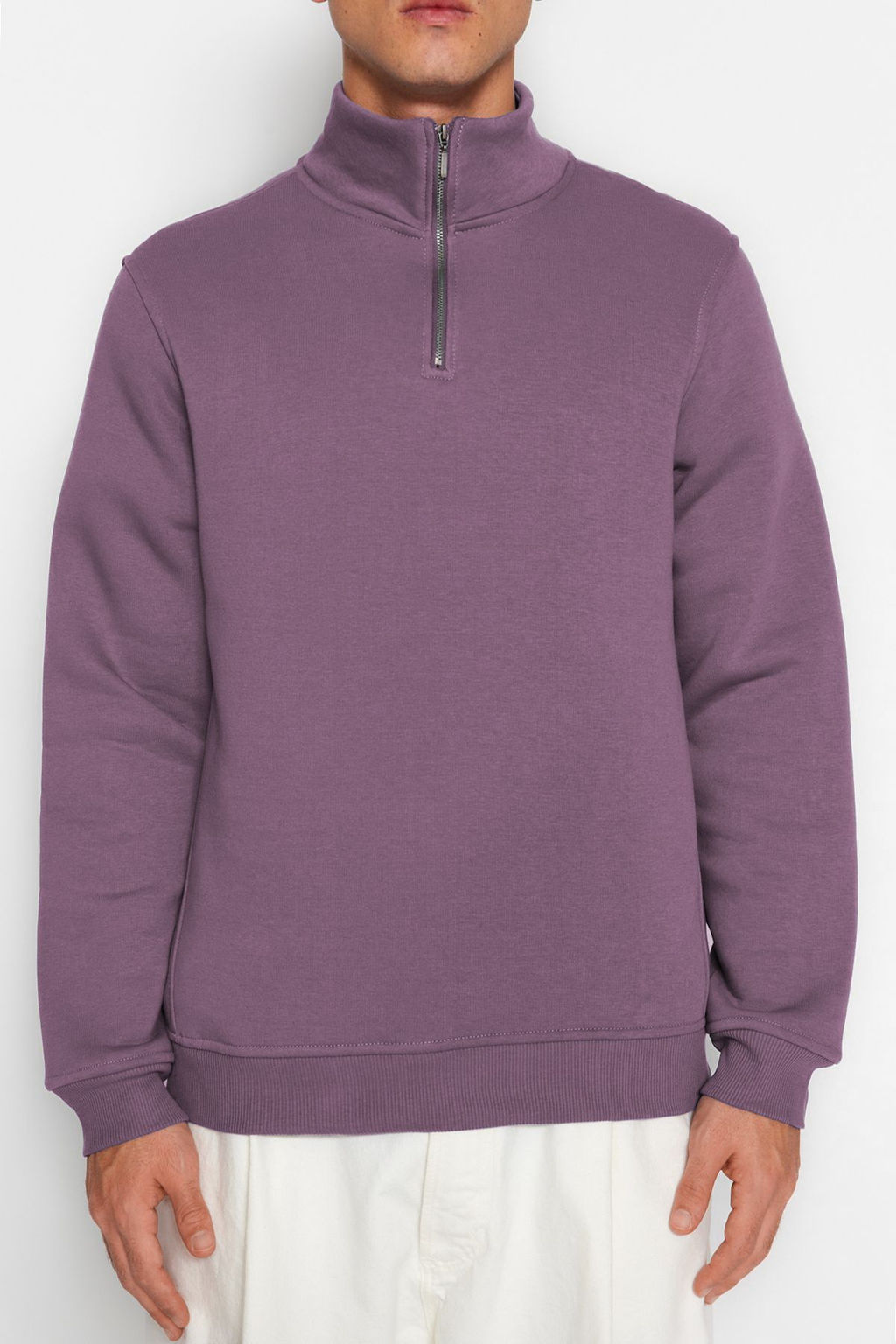 Mor Regular/Normal Kesim Dik Yaka Fermuarl? Pamuklu Basic Ici Polarl? Sweatshirt TMNAW24SW00041