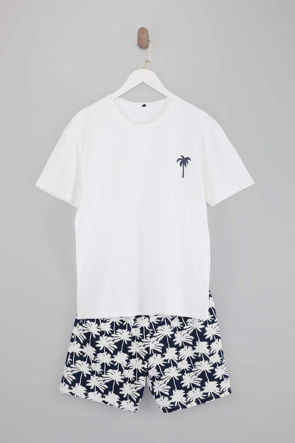 Ekru Regular Kesim Palmiye Desenli Pamuklu T-shirt-Sort Pijama Tak?m? TMNSS26PT00023