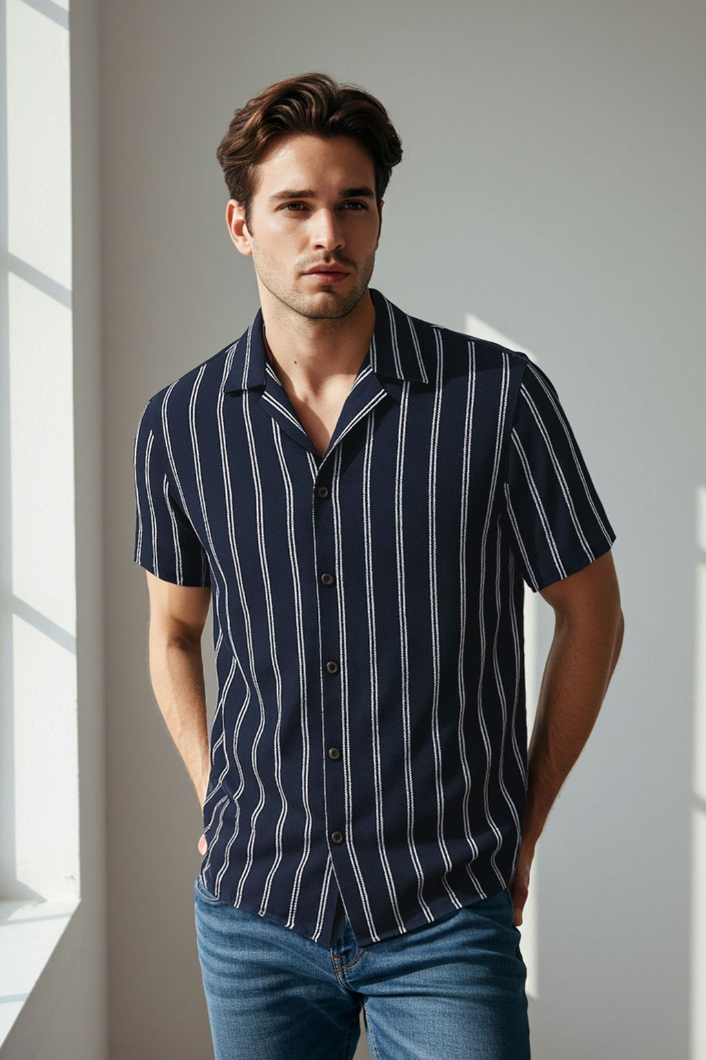 TRENDYOL MAN Lacivert Regular Fit K?sa Kollu Burumcuk Cizgili Salas Dokumlu Yazl?k Gomlek TMNSS25GO00014 - Trendyolmilla фото 17