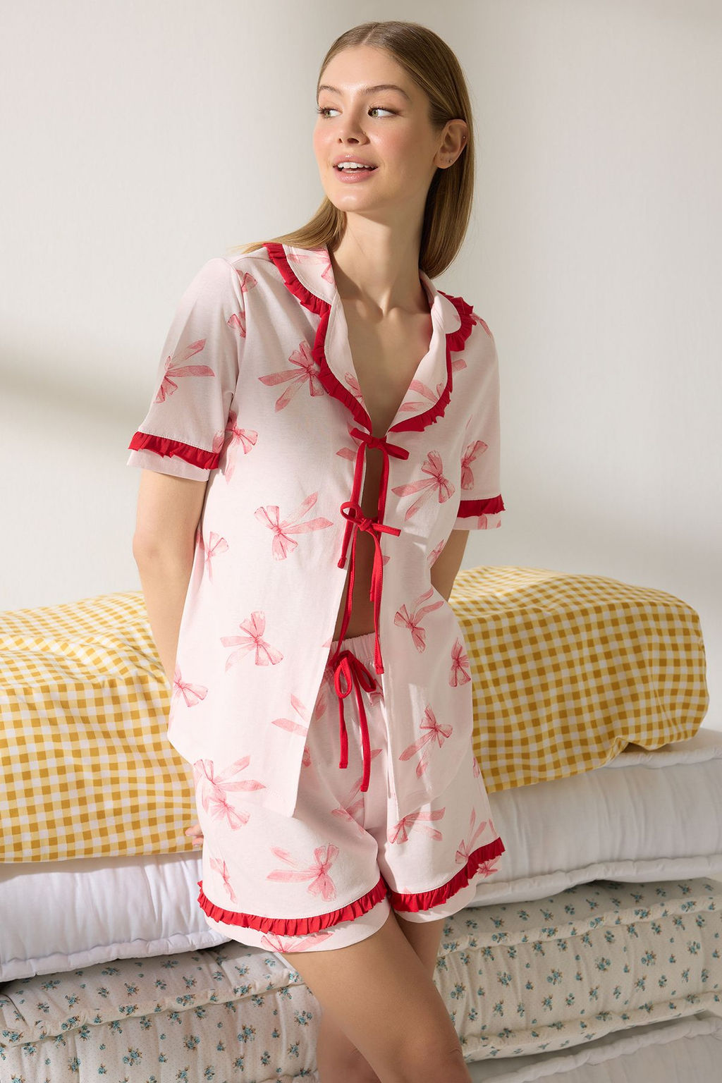 Trendyolmilla Pembe %100 Pamuklu Kurdele/Fiyonklu F?rf?rl? Sortlu Orme Pijama Tak?m? THMSS25PT00293 фото 13