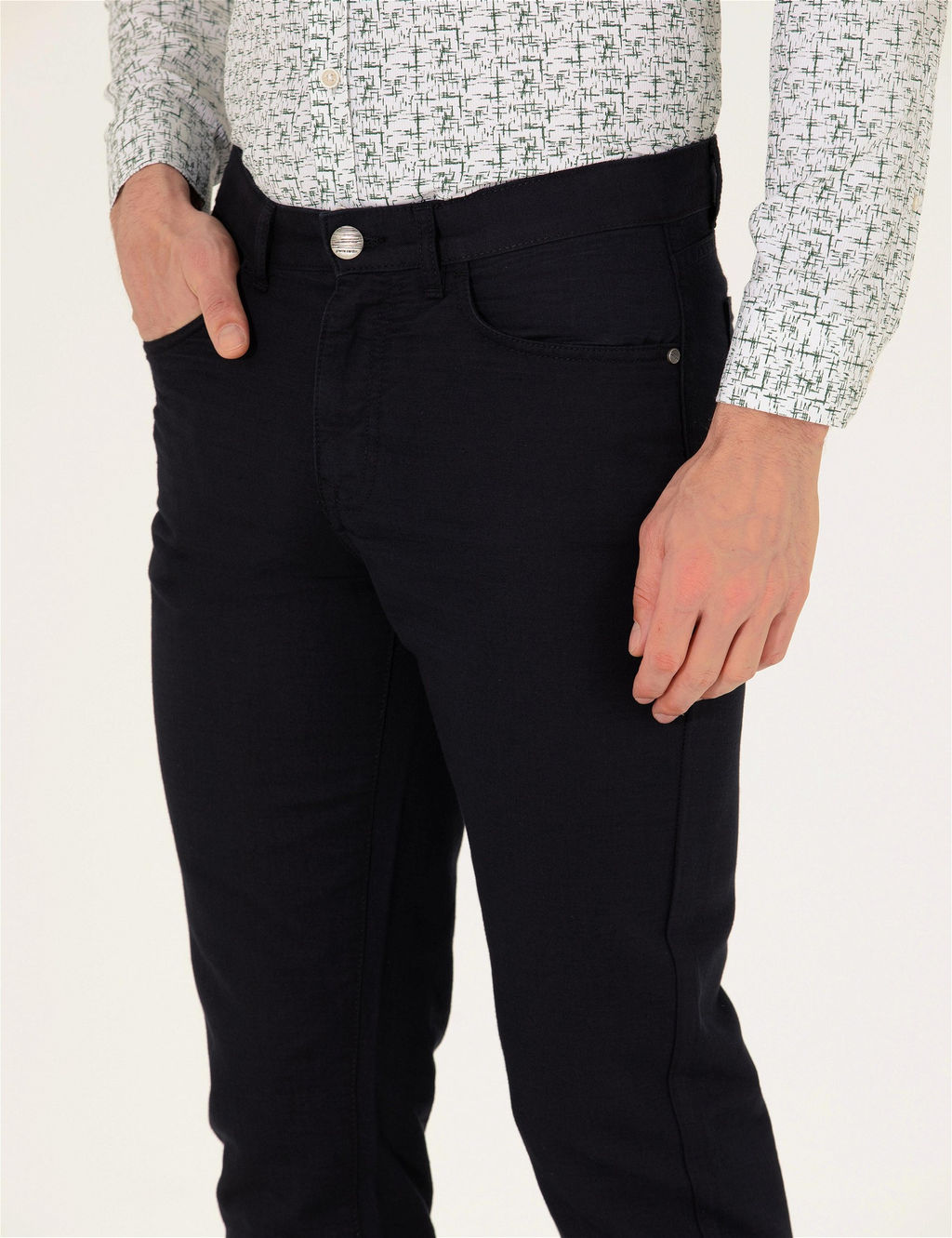 Siyah Slim Fit Keten Kar___ml_ Kanvas Pantolon