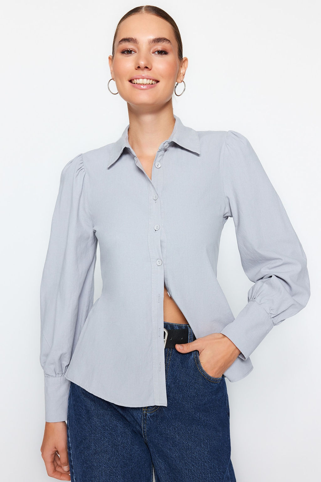 TRENDYOLMILLA Beyaz Balon Kol Pamuklu Regular Normal Kal?p Dokuma Gomlek TWOSS20GO0065 фото 7