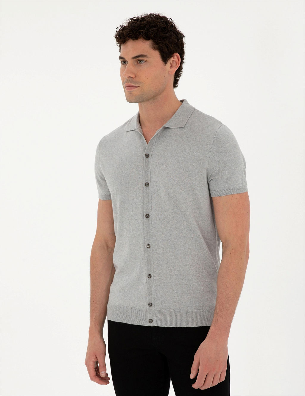 A__k Gri Slim Fit D__meli Polo Yaka Keten Kar___ml_ Triko Kazak