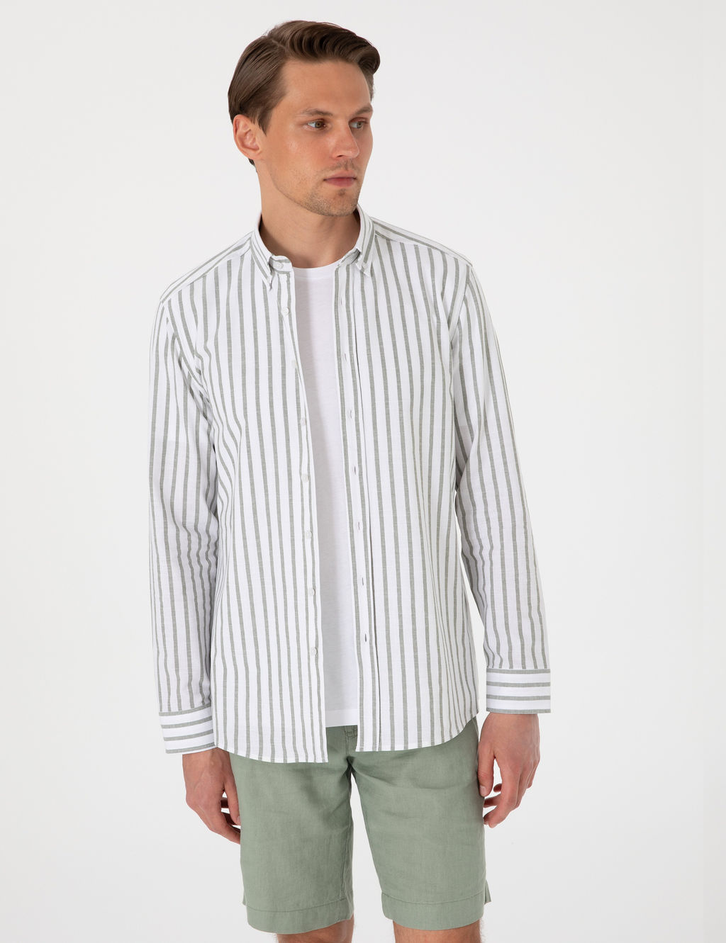 Haki Regular Fit _izgili Uzun Kollu G_mlek