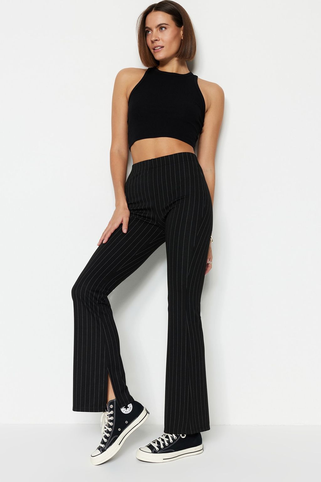 Siyah Smart Y?rtmacl? Flare/Ispanyol Paca Yuksek Bel Cizgili Orme Tayt Pantolon TWOSS23PL00126