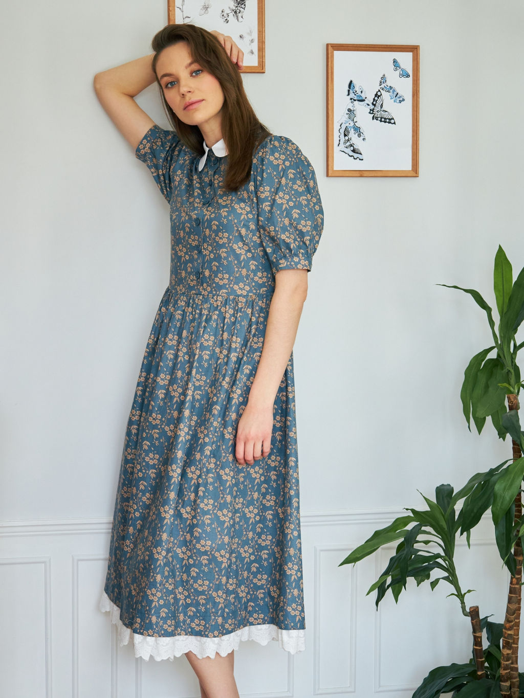 Платье хлопок OD-790-8 джинса ( бежевые цветы)