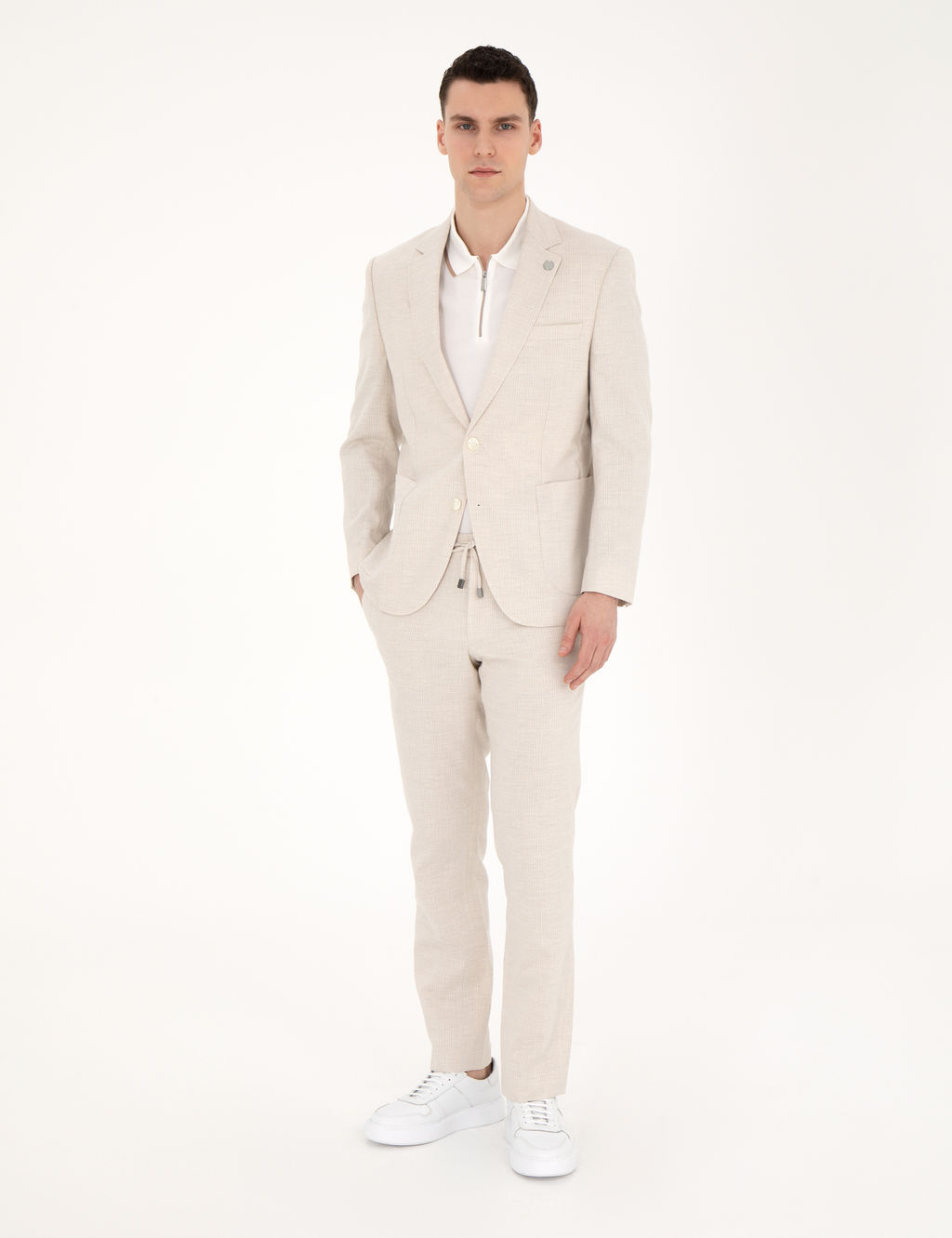 Bej Slim Fit Keten Kar___ml_ _izgili Tak_m Elbise